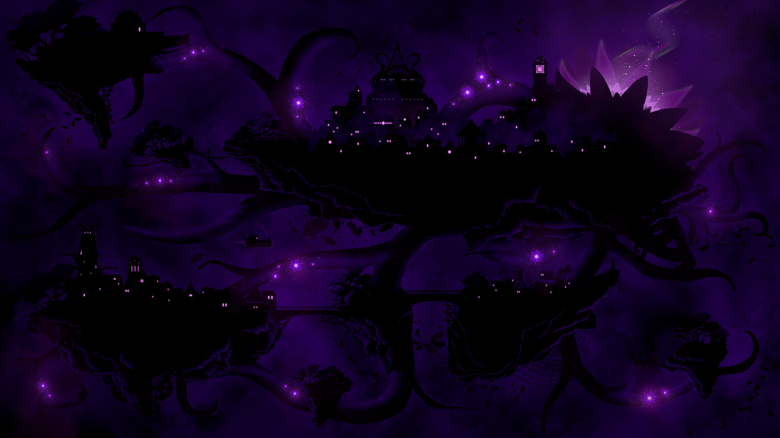 a town with purple lights in the distince of the void